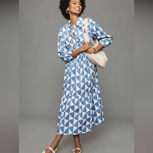 Anthropologie Bettina Blue Geometric Patterned Dress